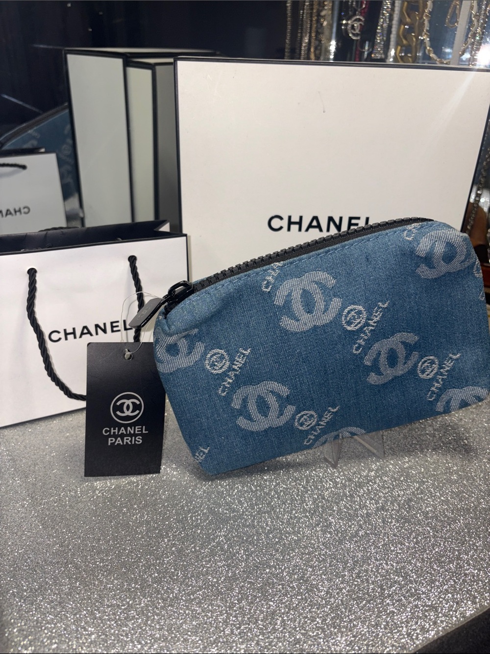 CHANEL Denim CC Logo Zip Pouch in Blue
